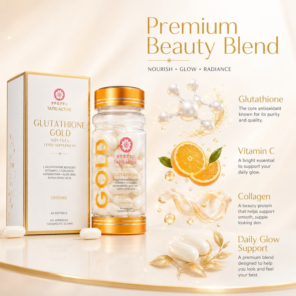 Tatio Active Gold Glutathione 2000mg Skin Glowing Softgels