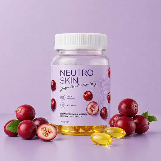 Neutro Skin supplement bottle with cranberries on a purple background