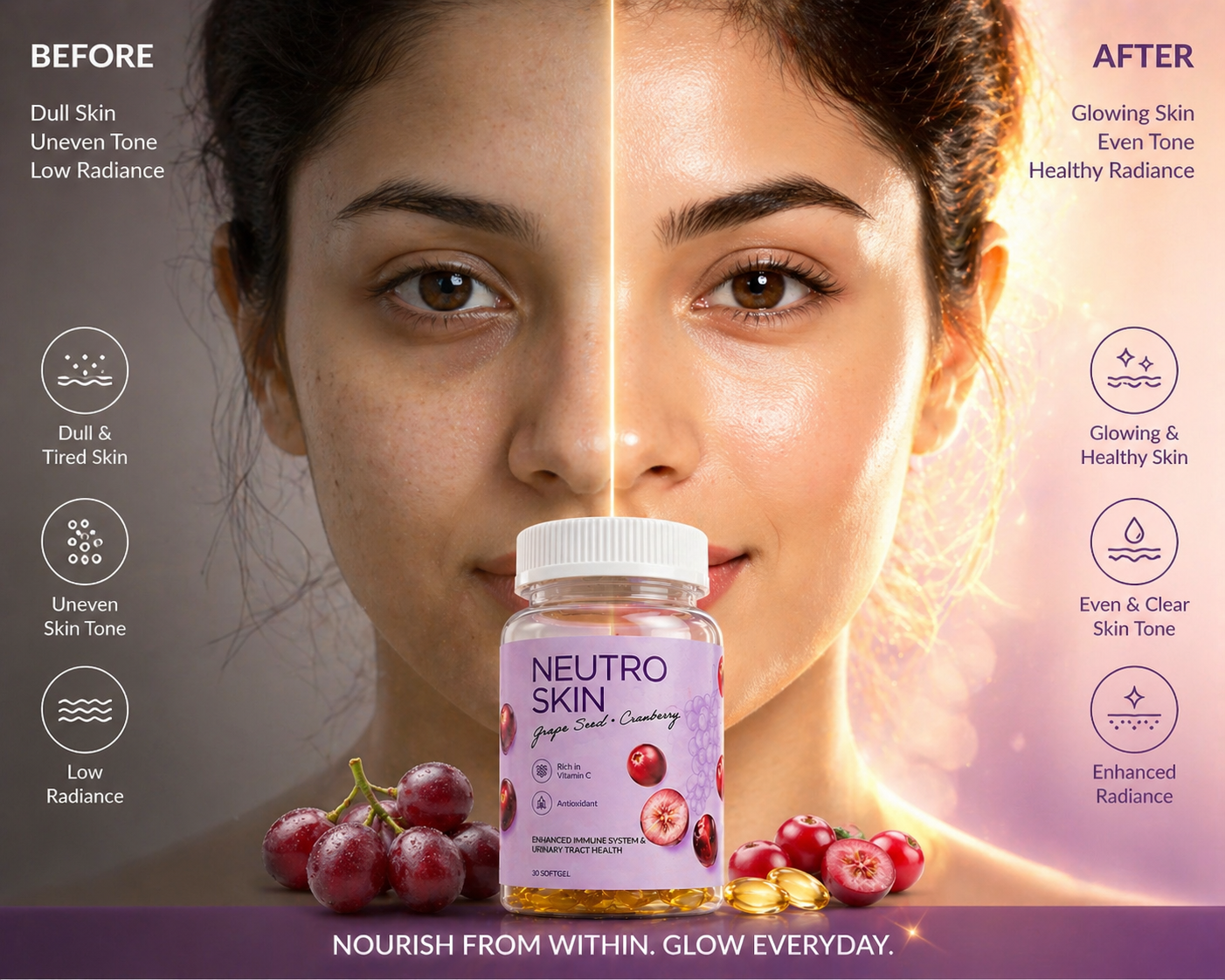 Before and after comparison of skin with a bottle labeled 'Neutro Skin' and grapes.