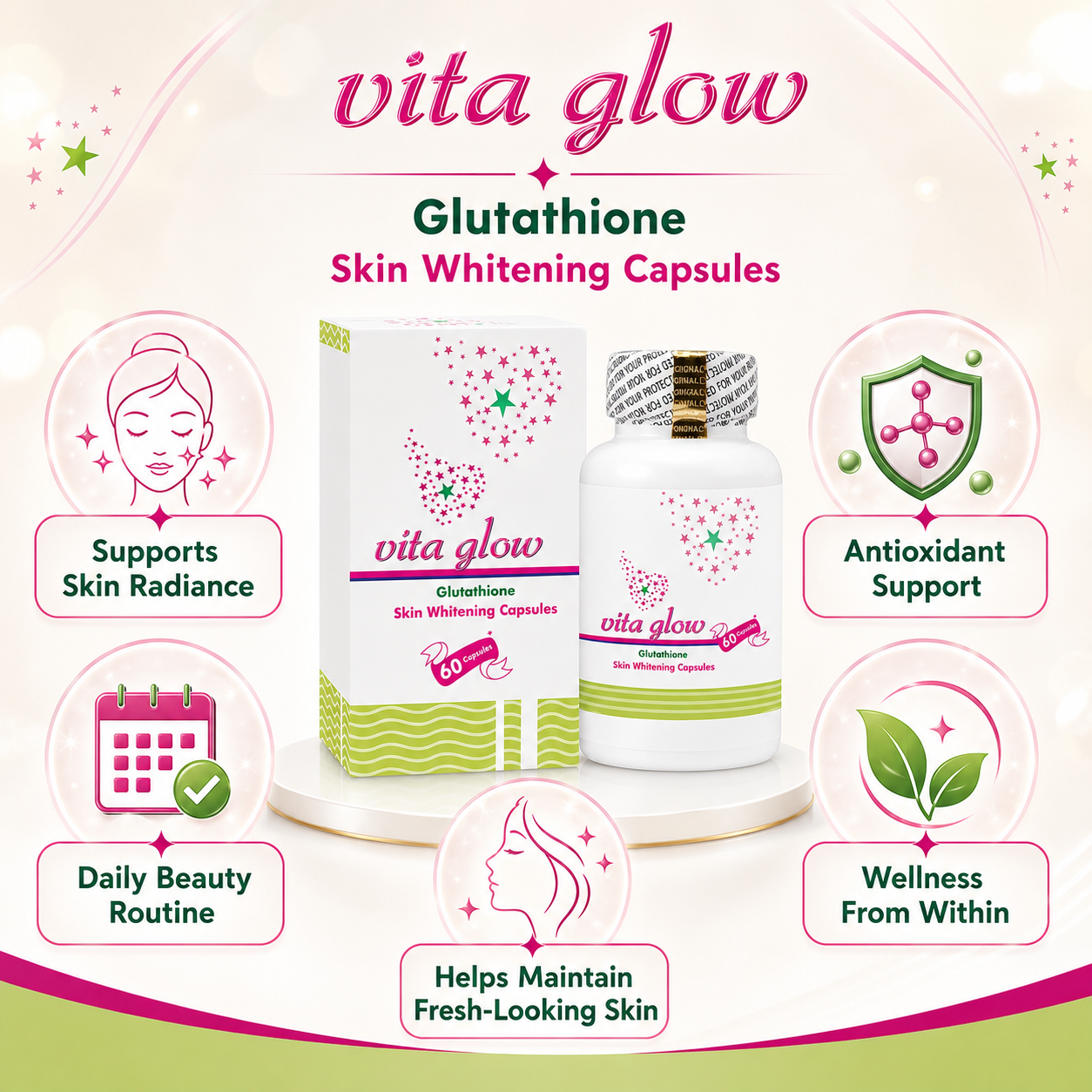 Vita Glow Glutathione Capsules – 60 Count Daily Beauty Supplement for Skin Radiance, Glow Support & Wellness Care