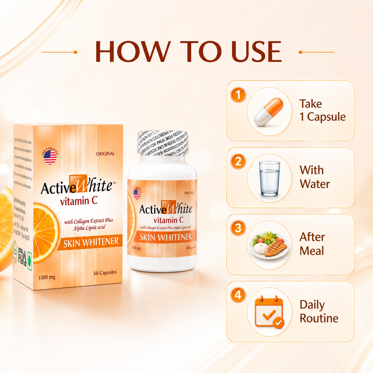 Active White Vitamin C 1500mg Capsules – Skin Radiance, Glow Support & Antioxidant Beauty Wellness, 60 Capsules