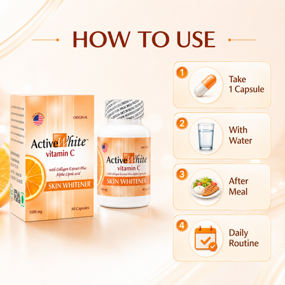 Active White Vitamin C 1500mg Capsules – Skin Radiance, Glow Support & Antioxidant Beauty Wellness, 60 Capsules