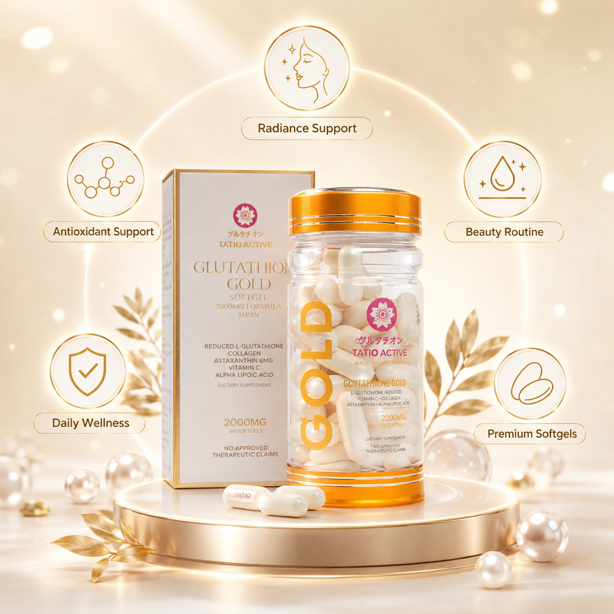 Tatio Active Gold Glutathione 2000mg Skin Glowing Softgels