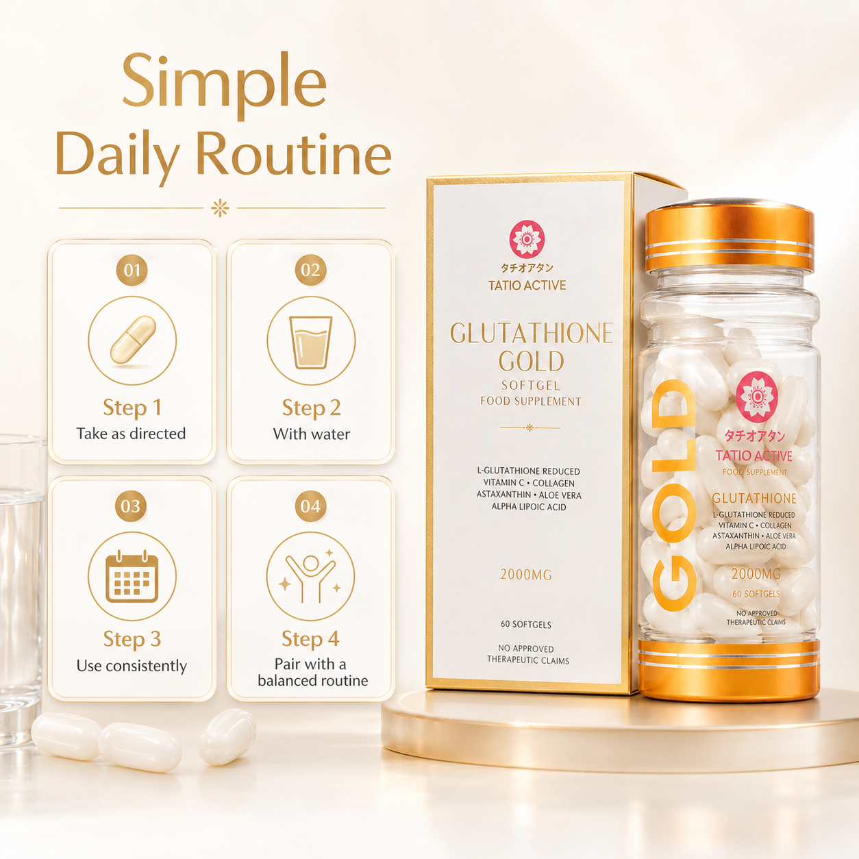 Tatio Active Gold Glutathione 2000mg Skin Glowing Softgels