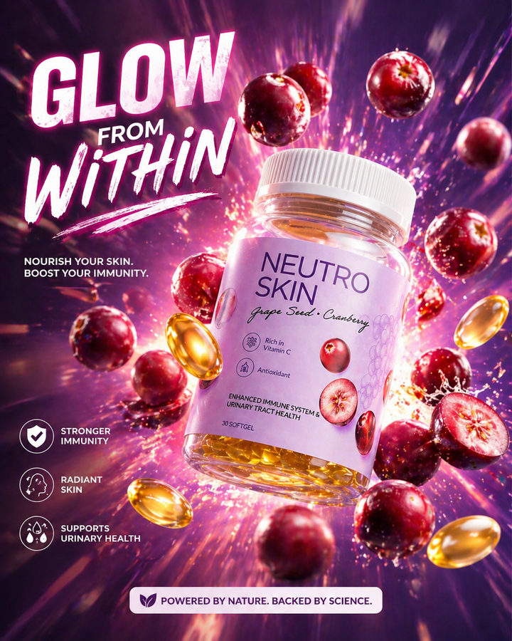 Translation missing: en.Neutro Skin supplement bottle with glowing text and fruit graphics on a dark background