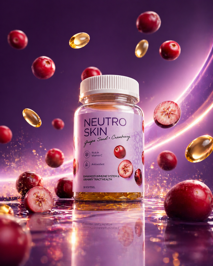 Translation missing: en.Neutro Skin supplement bottle with cranberries and capsules on a reflective surface