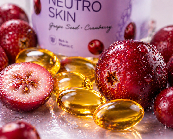 Translation missing: en.Supplement capsules with red berries and a container labeled 'Neutro Skin' on a reflective surface