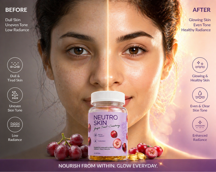 Translation missing: en.Before and after comparison of skin with a bottle labeled 'Neutro Skin' and grapes