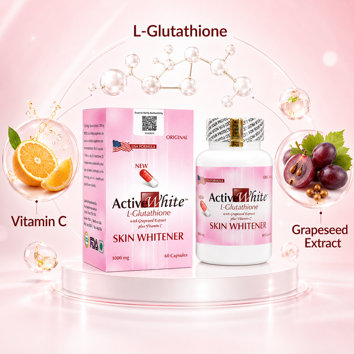 Translation missing: en.Active White L-Glutathione daily beauty supplement display emphasizing skin clarity and glow support