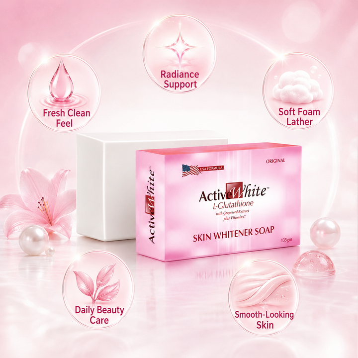 Translation missing: en.Active White Glutathione cleansing soap bar display highlighting daily fresh skin care benefits