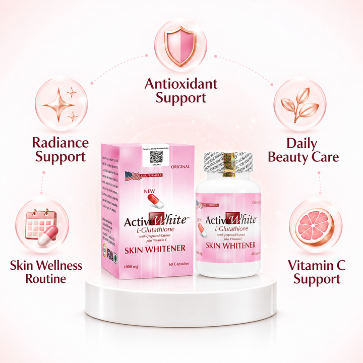 Translation missing: en.Active White supplement graphic highlighting the synergy of L-glutathione, vitamin C, and grapeseed extract