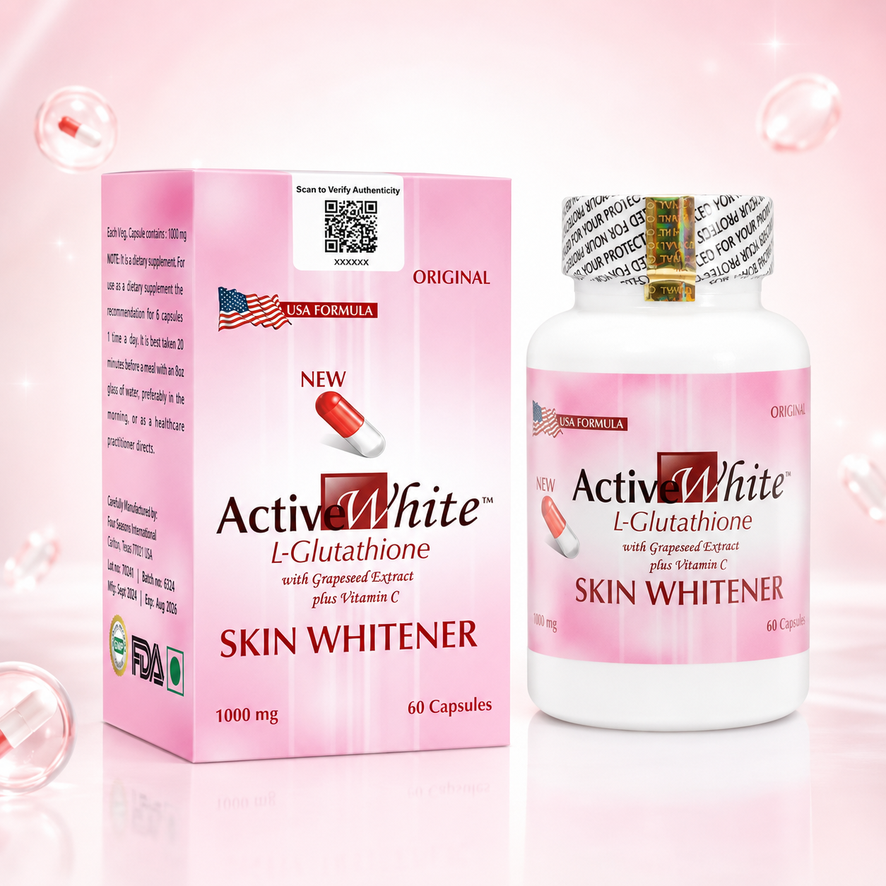 Translation missing: en.Active White L-Glutathione 1000mg capsules bottle and box packaging on a pink background for skin radiance