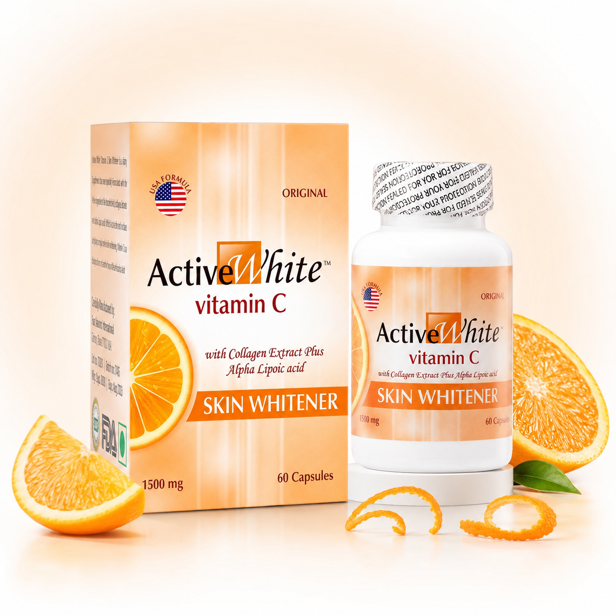 Translation missing: en.Active White Vitamin C 1500mg capsules bottle and box packaging with fresh oranges for skin radiance