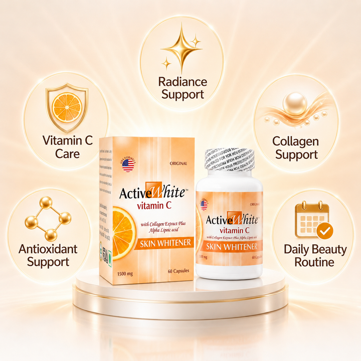 Translation missing: en.Active White Vitamin C supplement display highlighting daily skin radiance and glow-focused beauty wellness support