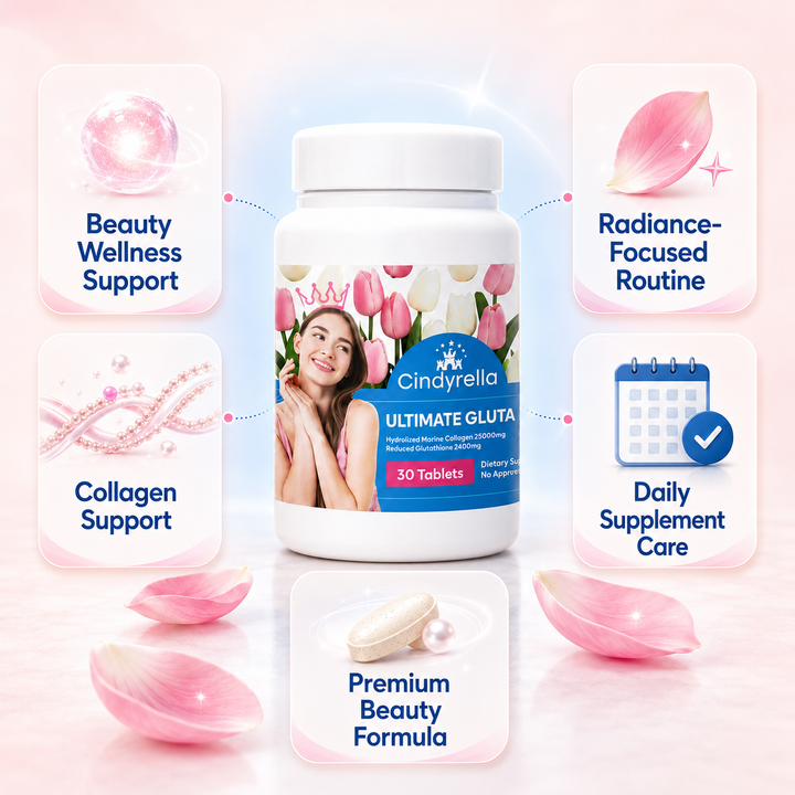 Translation missing: en.Cindyrella Ultimate Gluta supplement bottle highlighting reduced glutathione and marine collagen formula benefits