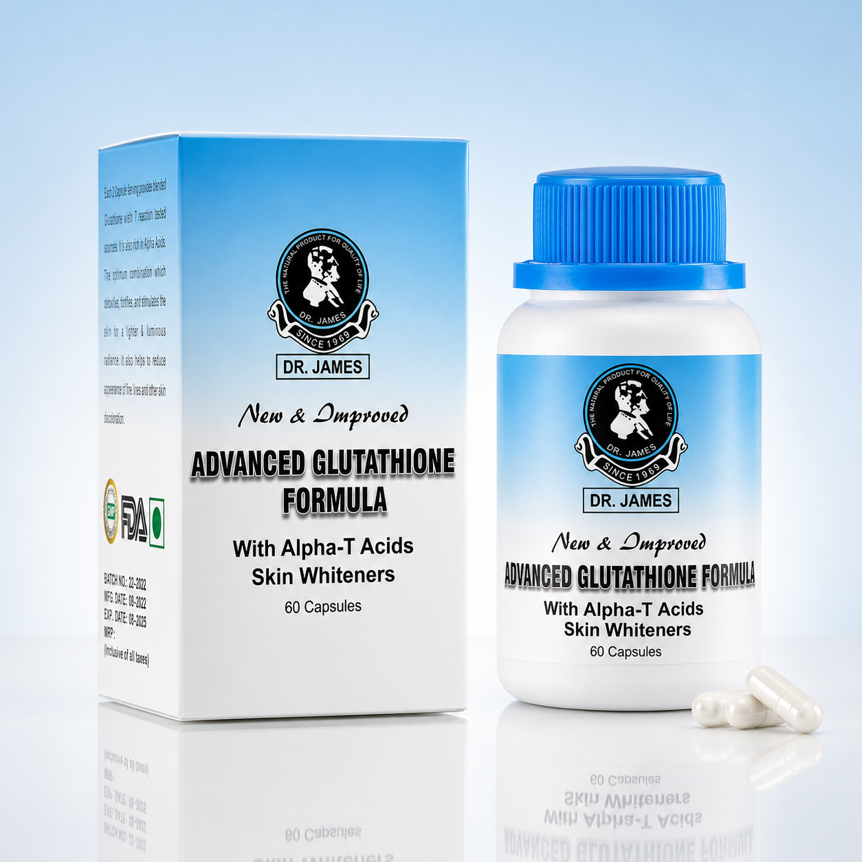Translation missing: en.Dr. James Advanced Glutathione Formula skin whiteners box and bottle with blue cap for skin radiance