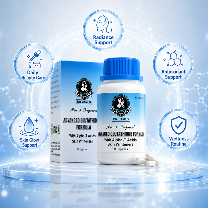 Translation missing: en.Dr. James Glutathione capsule display highlighting daily skin clarity, radiance, and glow-focused beauty wellness support