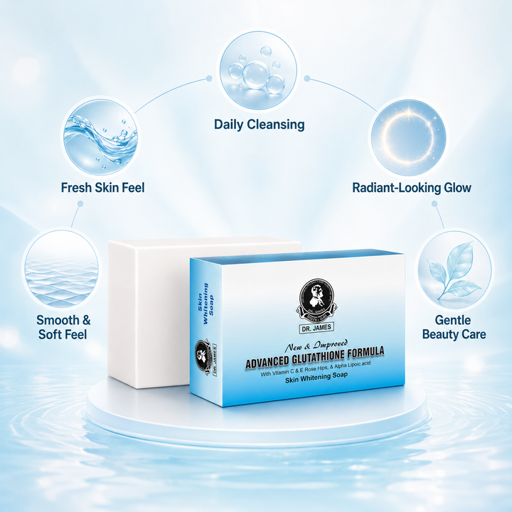 Translation missing: en.Dr. James Glutathione cleansing soap bar display highlighting daily beauty care and fresh complexion benefits