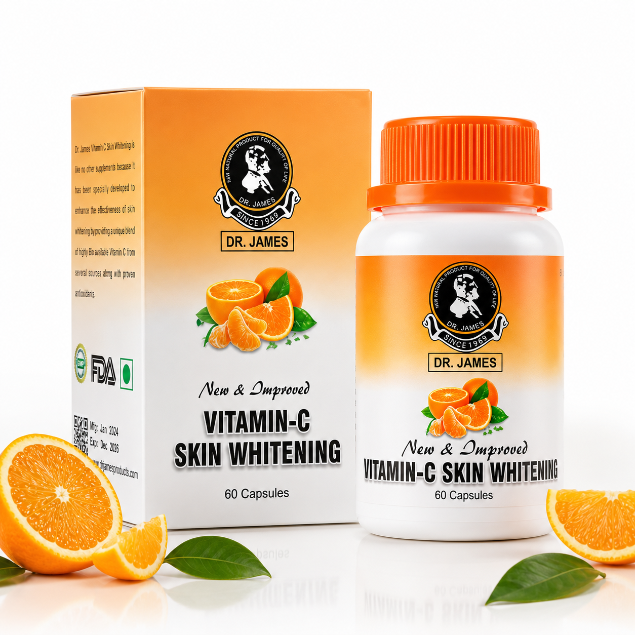 Translation missing: en.Dr. James Vitamin C Capsules skin glow supplement box and bottle packaging with fresh orange slices