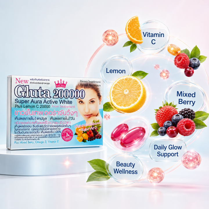 Translation missing: en.Gluta 200000 capsules package highlighting glutathione beauty formula and antioxidant self-care benefits