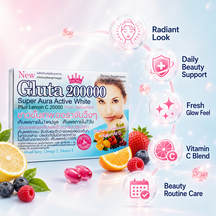 Translation missing: en.Supplement facts label and daily routine directions on the back of Gluta 200000 capsules box