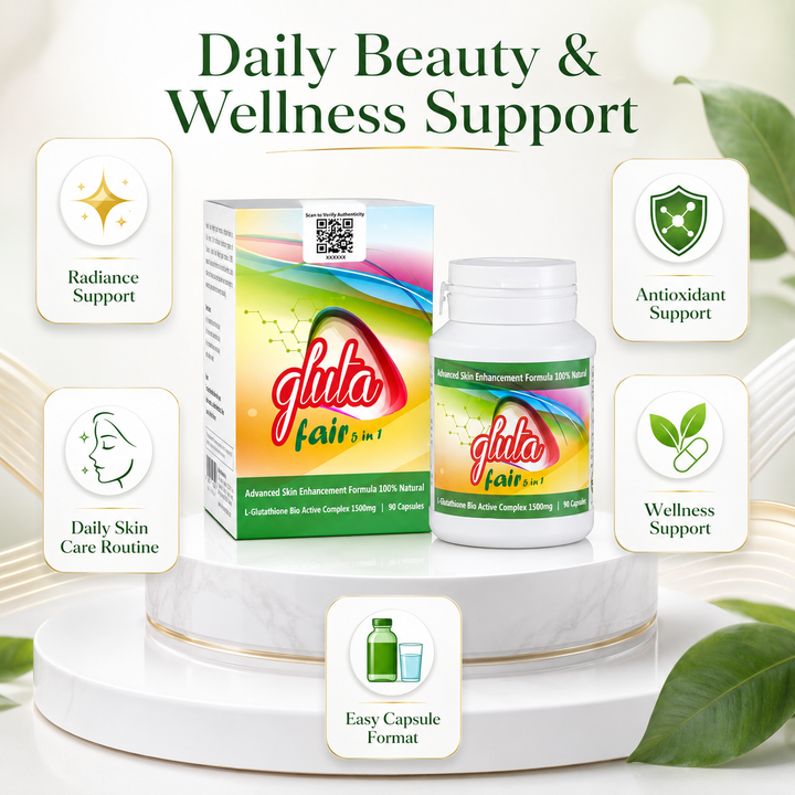 Translation missing: en.Gluta Fair 5 in 1 supplement display highlighting daily skin radiance and glow-focused beauty wellness support