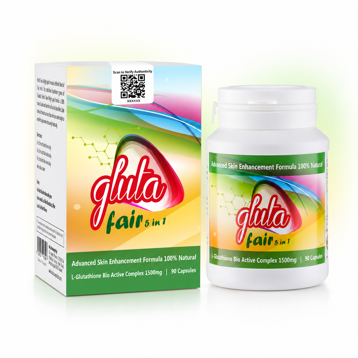 Translation missing: en.Gluta Fair 5 in 1 Glutathione 1500mg capsules bottle and box packaging for skin clarity and radiance