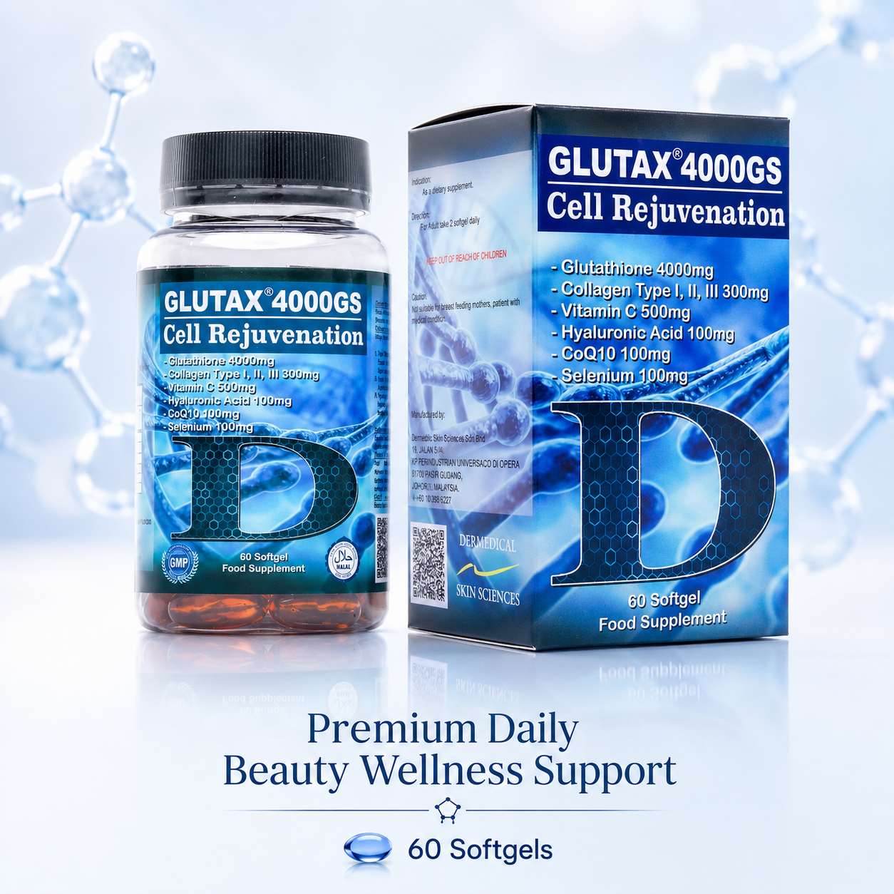 Translation missing: en.Glutax 4000GS Cell Rejuvenation capsules bottle and box for daily beauty wellness support