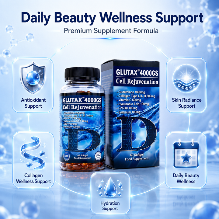 Translation missing: en.Glutax 4000GS softgels bottle graphic highlighting daily skin radiance and beauty wellness benefits
