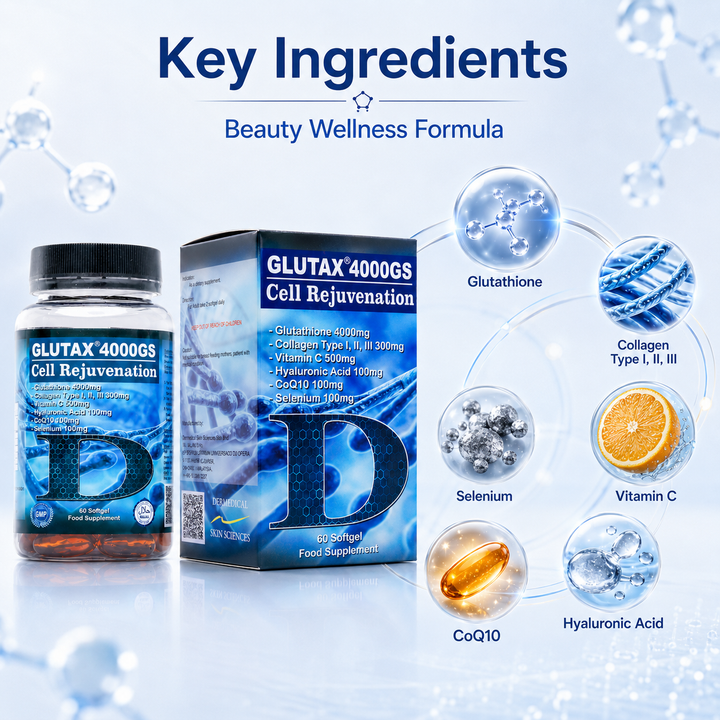 Translation missing: en.Key ingredients infographic for Glutax 4000GS showing glutathione, hyaluronic acid, and collagen details