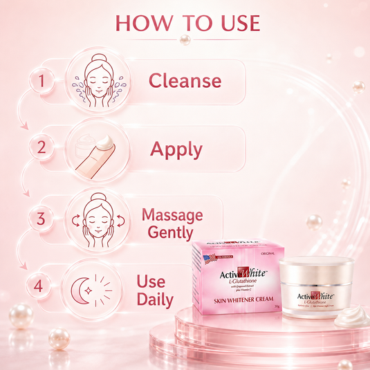 Translation missing: en.Instructional guide infographic detailing evening routine directions on how to use Active White L-Glutathione cream