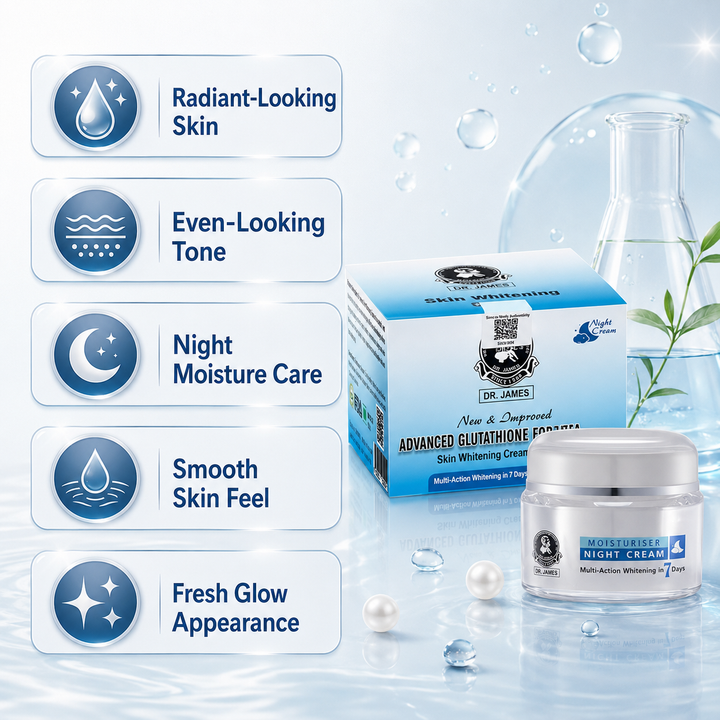 Translation missing: en.Instructional guide infographic detailing evening routine directions on how to use Dr. James glutathione cream