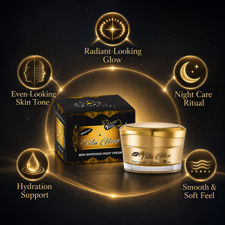 Translation missing: en.Application guide showing the smooth, lightweight texture details and bedtime routine directions for Vita Glow night cream
