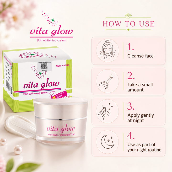 Translation missing: en.Instructional guide infographic detailing evening routine directions on how to apply Vita Glow Night Cream