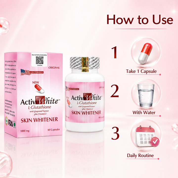 Translation missing: en.Instructional infographic detailing daily routine directions on how to take Active White L-Glutathione capsules