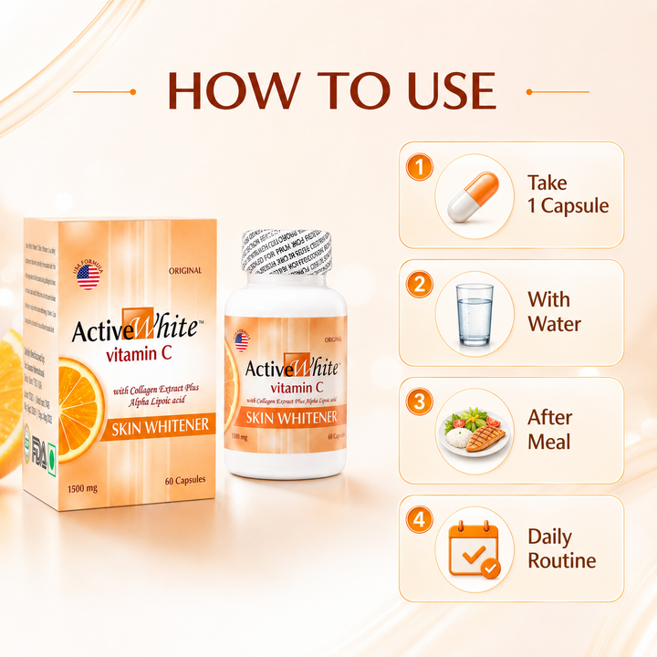 Translation missing: en.Instructional guide infographic detailing daily routine directions on how to use Active White Vitamin C capsules