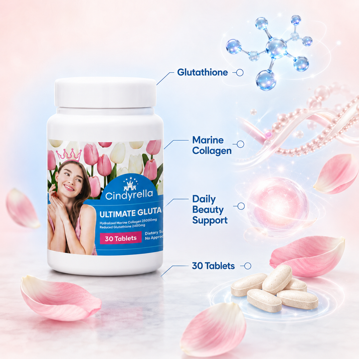 Translation missing: en.Supplement facts label and convenient daily routine directions on the back of Cindyrella Ultimate Gluta packaging