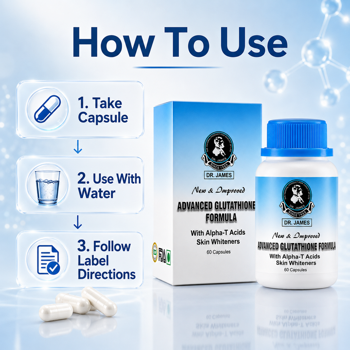 Translation missing: en.Instructional guide infographic detailing daily routine directions on how to use Dr. James Glutathione capsules