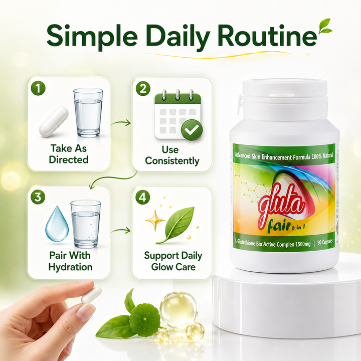 Translation missing: en.Instructional guide infographic detailing daily routine directions on how to use Gluta Fair 5 in 1 capsules