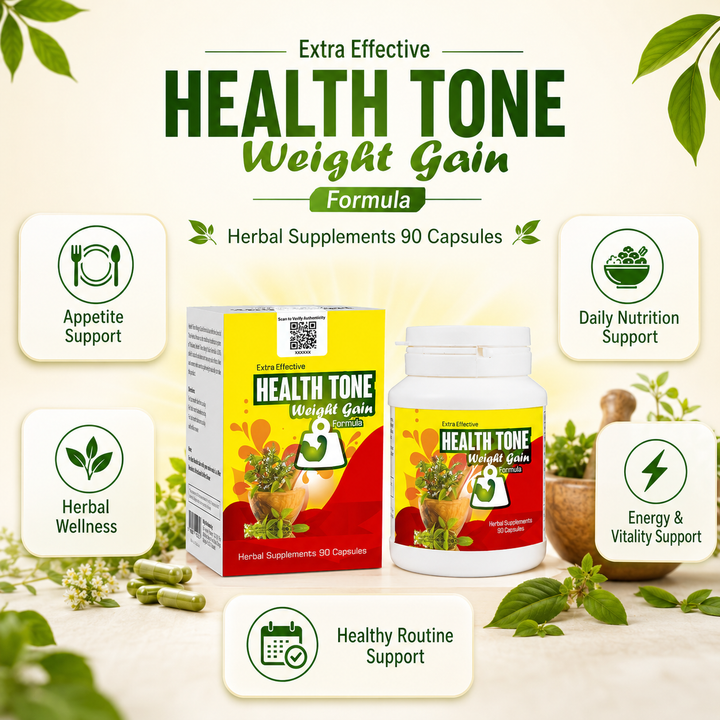 Translation missing: en.Instructional guide infographic detailing daily routine dosage and nutrition directions for Health Tone Extra Effective capsules