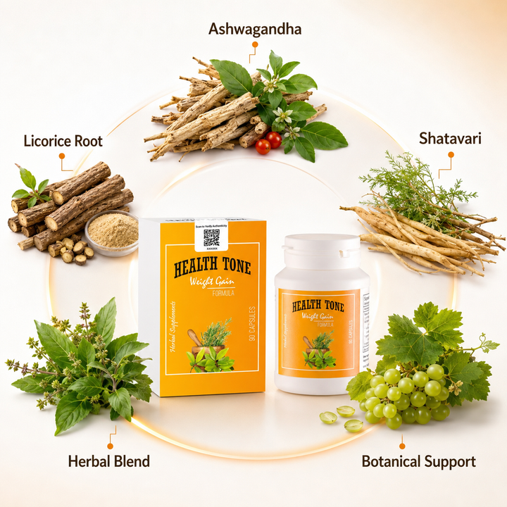 Translation missing: en.Instructional guide infographic detailing daily routine dosage and nutrition directions for Health Tone capsules