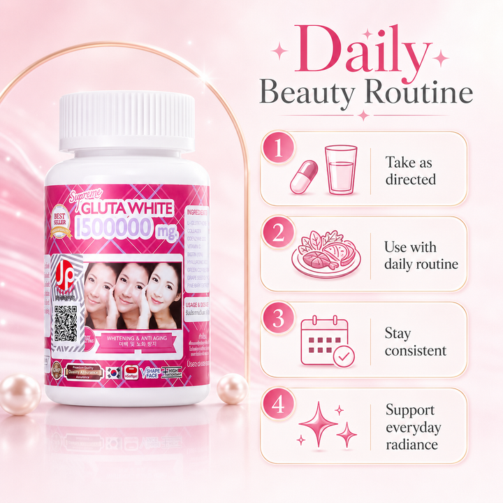 Translation missing: en.Instructional guide infographic detailing daily beauty routine and dosage directions for Supreme Gluta White