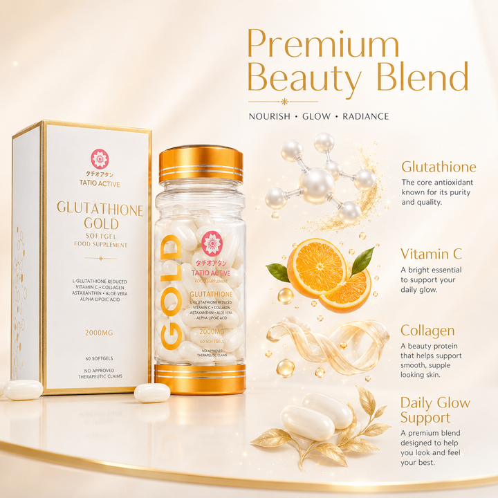 Translation missing: en.Instructional graphic guide showing daily routine directions for taking Tatio Active Gold beauty wellness softgels
