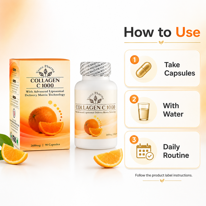 Translation missing: en.Instructional guide infographic detailing daily routine directions on how to use Vesco Pharma Collagen C 1000