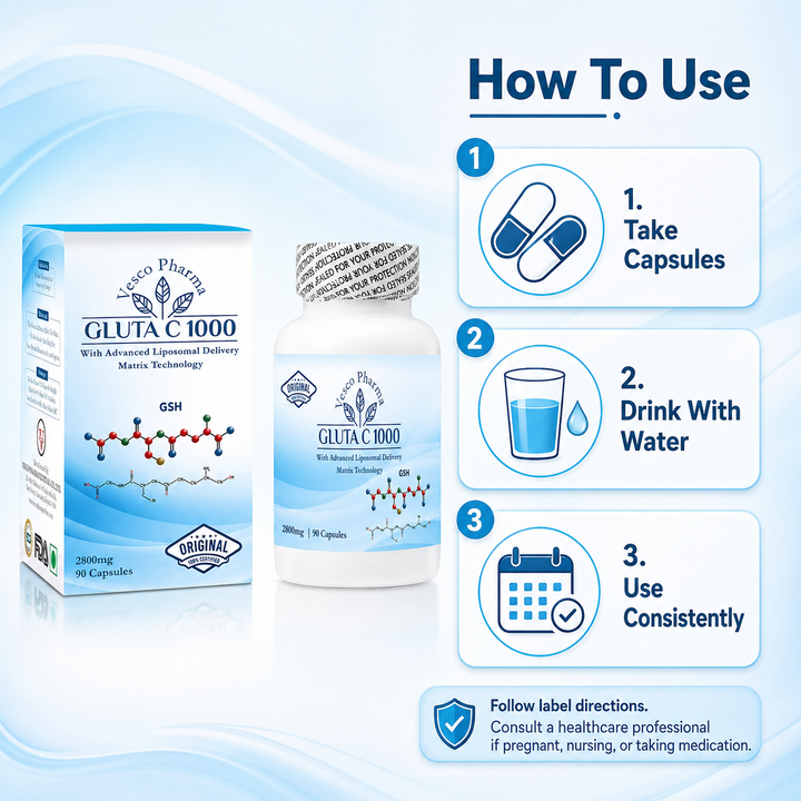 Translation missing: en.Instructional guide infographic detailing daily routine directions on how to use Vesco Pharma Gluta C 1000