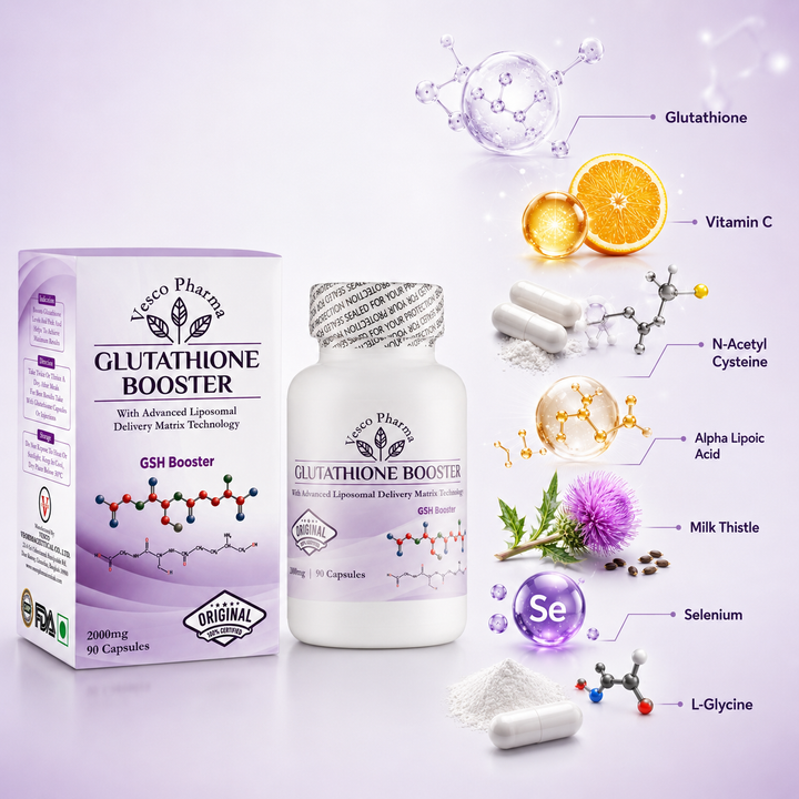 Translation missing: en.Instructional guide showing daily routine directions for the convenient 90-capsule pack of Vesco Pharma Glutathione