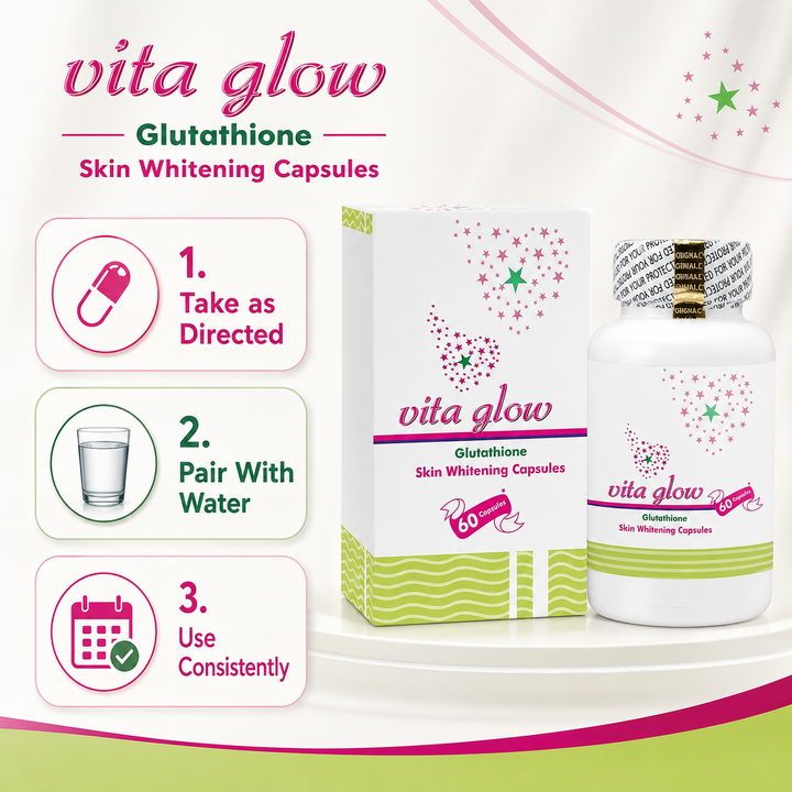Translation missing: en.Instructional guide infographic detailing daily routine directions on how to use Vita Glow Glutathione capsules