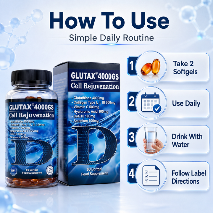Translation missing: en.Instructional infographic guide showing how to use and take Glutax 4000GS daily beauty capsules