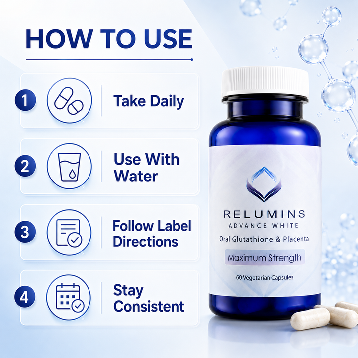 Translation missing: en.Relumins Advance White supplement bottle with usage instructions on a light blue background