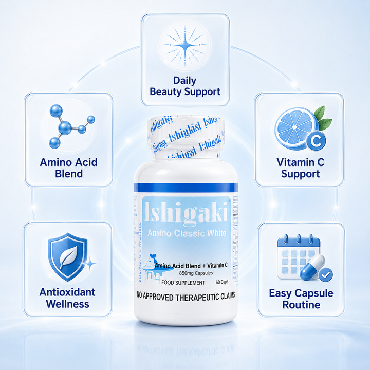 Translation missing: en.Ishigaki Amino Classic White packaging layout showcasing amino acid blend and wellness formula benefits